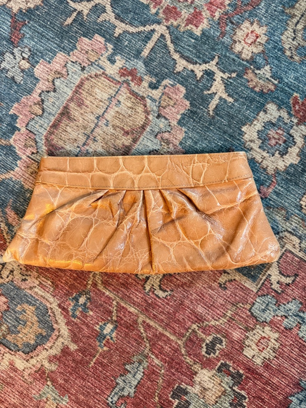 Leather Merkin Louise Tan Crocodile Pleated Clutch Bag